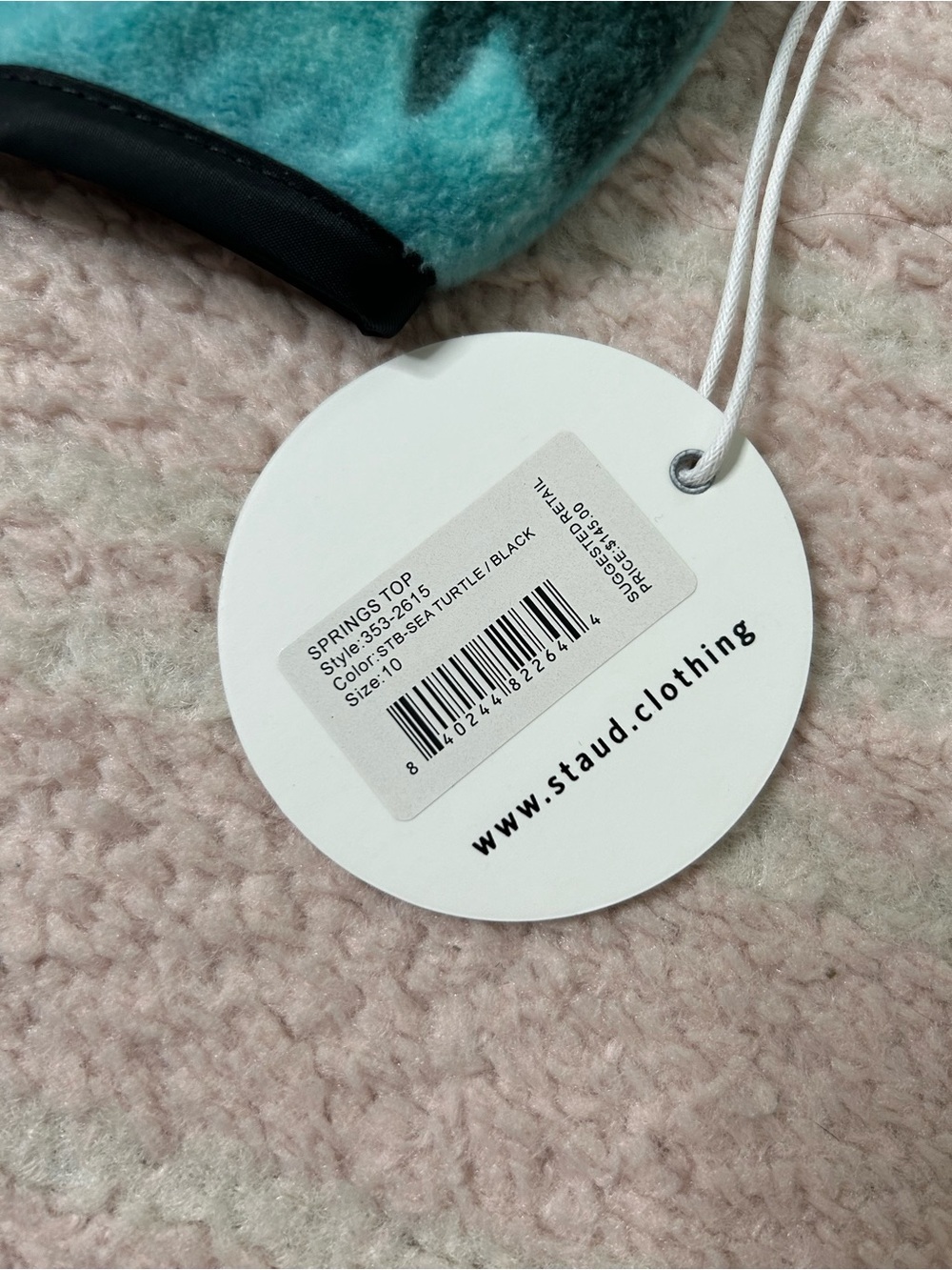 NWT STAUD Turquoise Turtle Print Fleece Springs Crop Top Black Trim Size 10 - Picture 7 of 12
